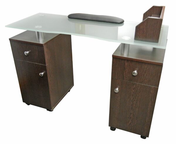 NT053 Glass Top Dark Nail Table, Rack Plus Arm Pad