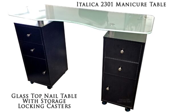 H2031 Glass Top Manicure Table Black Cabinets